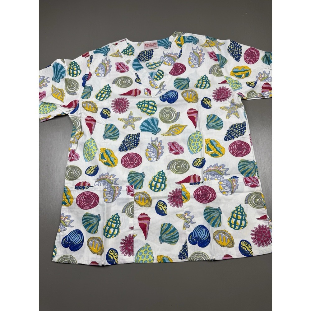 fashion scrubs women's scrub top size small multicolor seashell design v neck